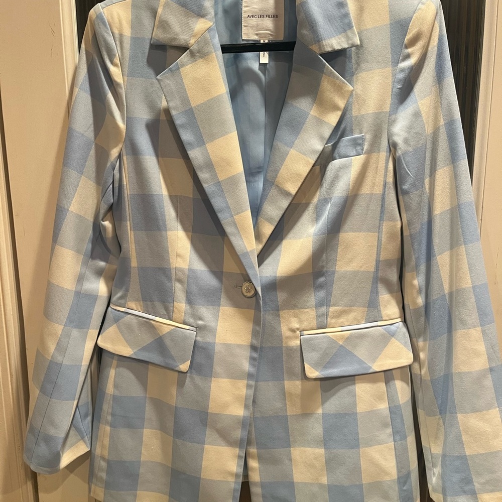 Avec Les Filles Light Blue and Cream Checked Blazer and matching shorts
